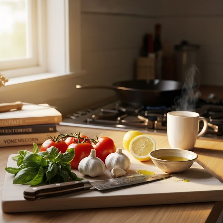 Stylized kitchen surface with organized preparation zones
